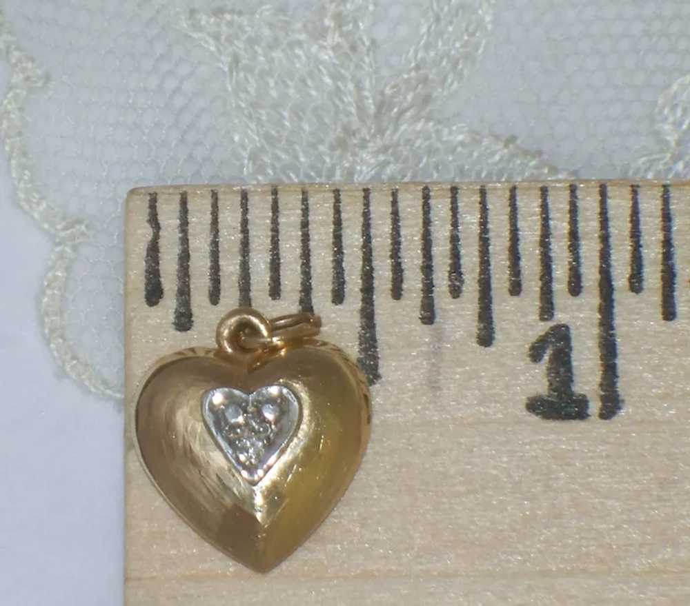 Vintage Small 14K Gold Puffy Heart Diamond Charm … - image 3