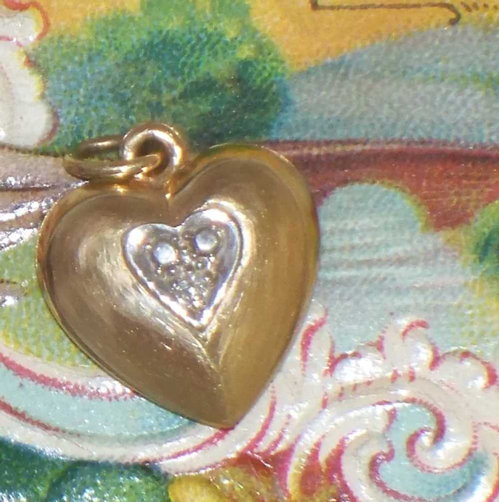 Vintage Small 14K Gold Puffy Heart Diamond Charm … - image 4