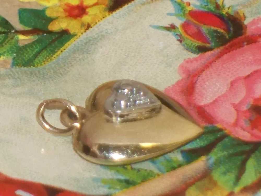 Vintage Small 14K Gold Puffy Heart Diamond Charm … - image 5