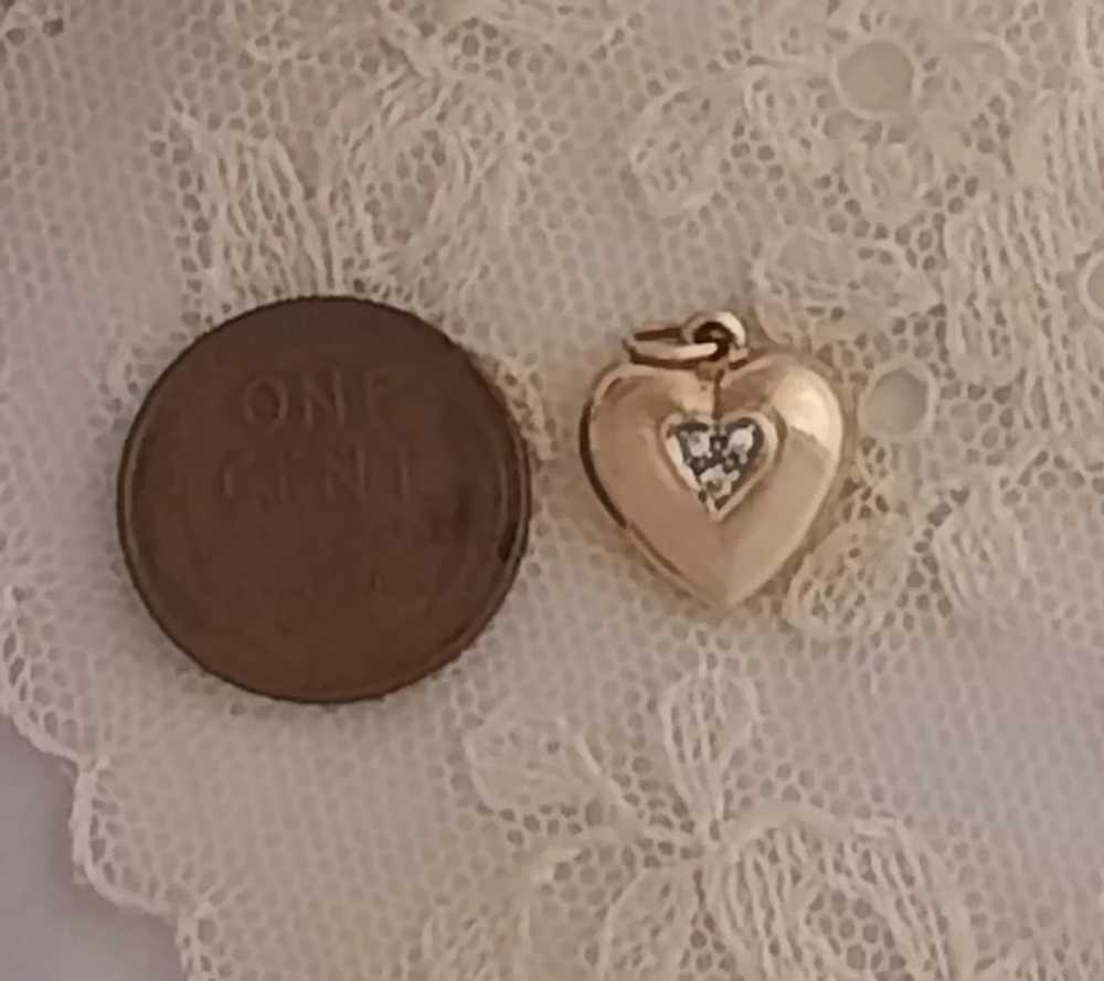 Vintage Small 14K Gold Puffy Heart Diamond Charm … - image 6