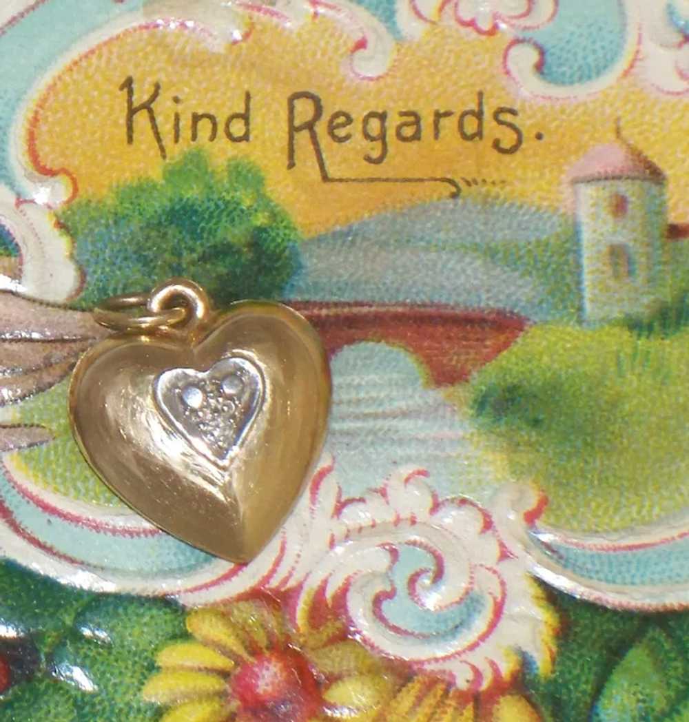 Vintage Small 14K Gold Puffy Heart Diamond Charm … - image 7