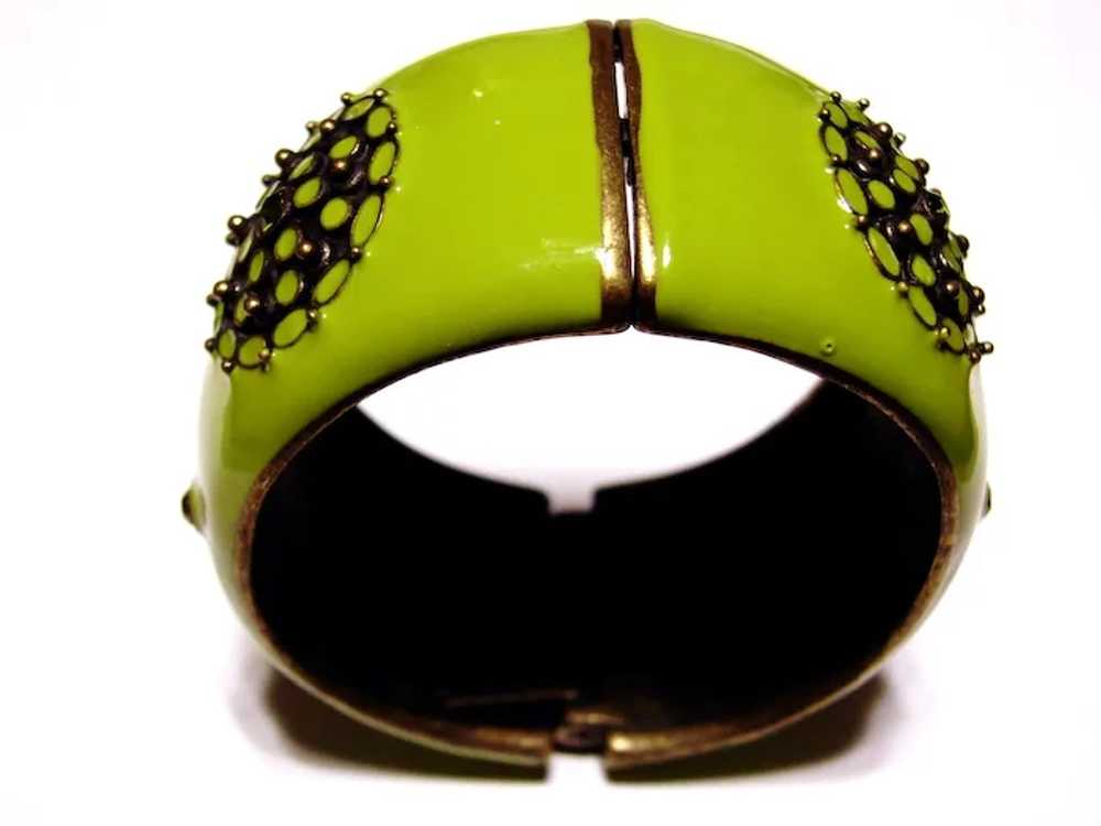 LIME Green Enameled Metal CLAMPER Bracelet - Vint… - image 3