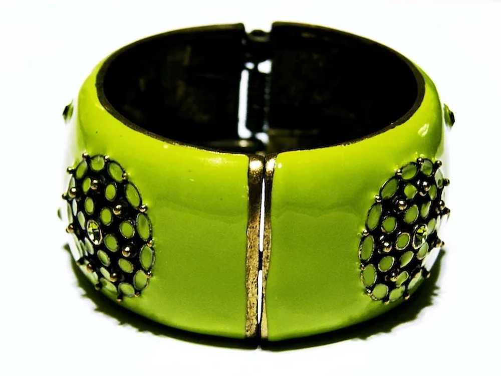 LIME Green Enameled Metal CLAMPER Bracelet - Vint… - image 6