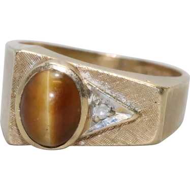 Vintage 14K Yellow Gold Diamond Tiger Eye Ring - image 1