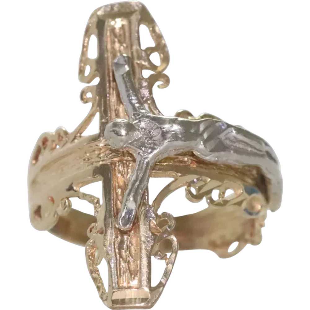 14KT Two Toned Religious Christ On Cross Ring - image 1