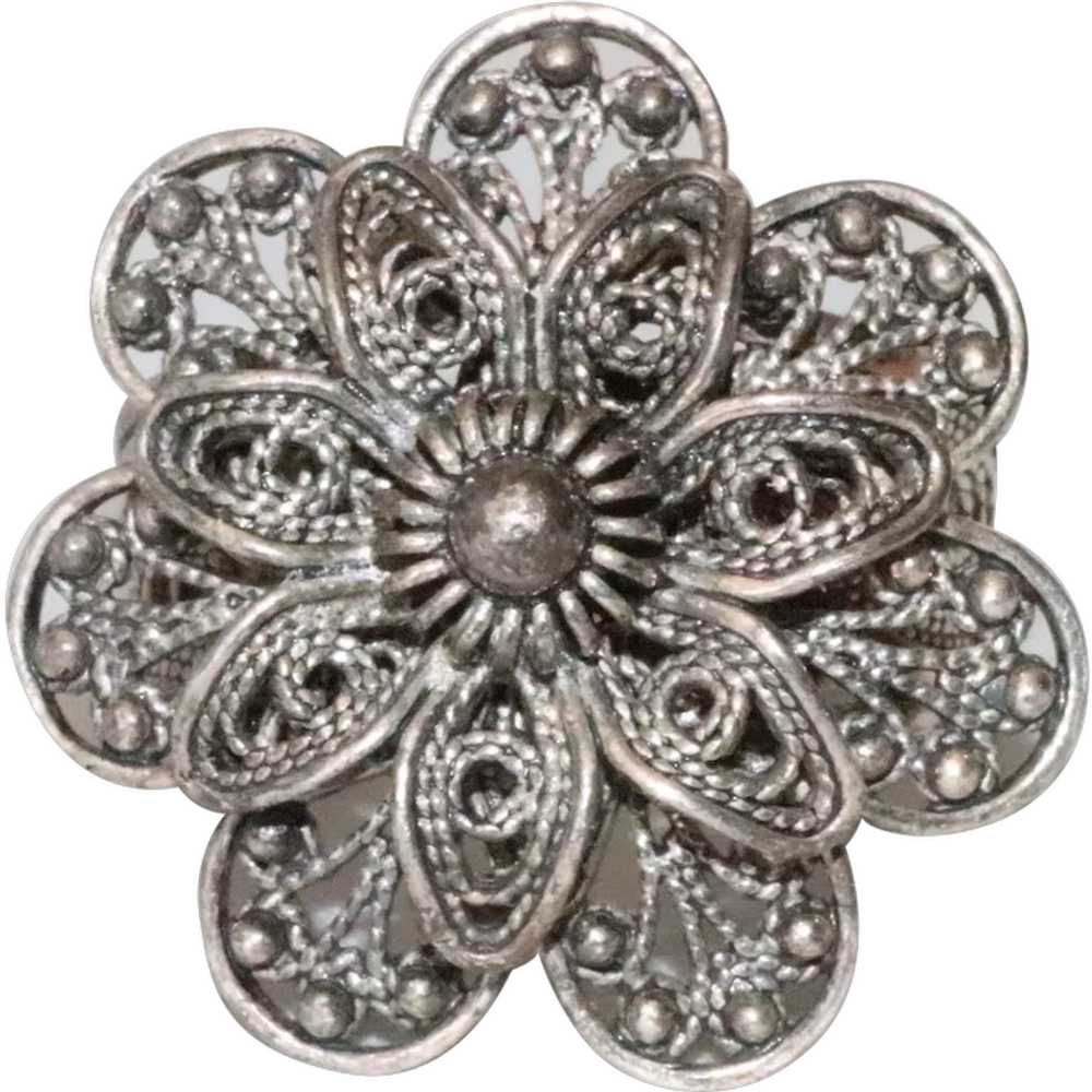 Vintage Sterling Silver Filigree Double Flower Ri… - image 1