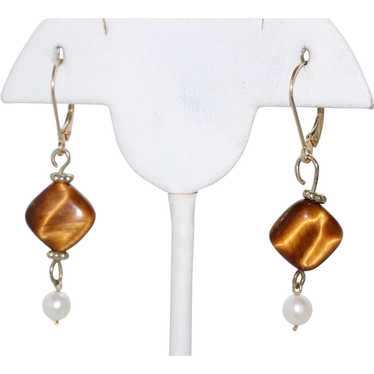 14KT Gold Tiger Eye Pearl Stone Dangle Earrings - image 1