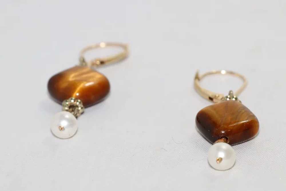 14KT Gold Tiger Eye Pearl Stone Dangle Earrings - image 2