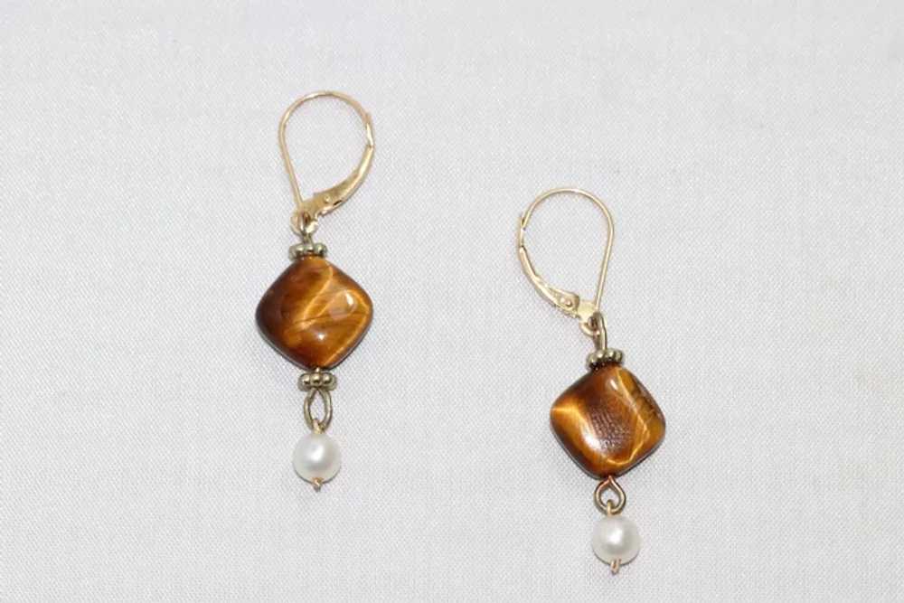 14KT Gold Tiger Eye Pearl Stone Dangle Earrings - image 3