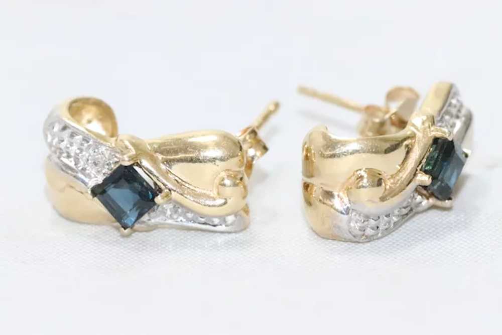 14KT Two Tone .40CT Sapphire .04 Diamond Earrings - image 2