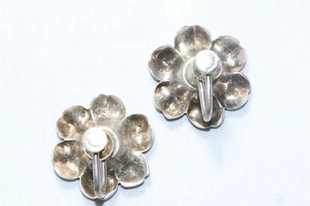 Vintage Sterling Silver Flower Screw Clip On Earr… - image 3