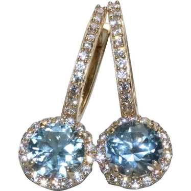 14K Yellow Gold Pave Halo Blue Topaz Earrings