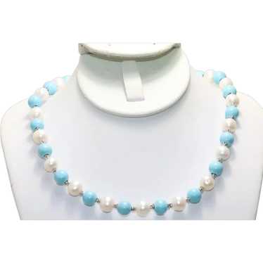 14KT White Gold Freshwater Pearl Turquoise Paste … - image 1