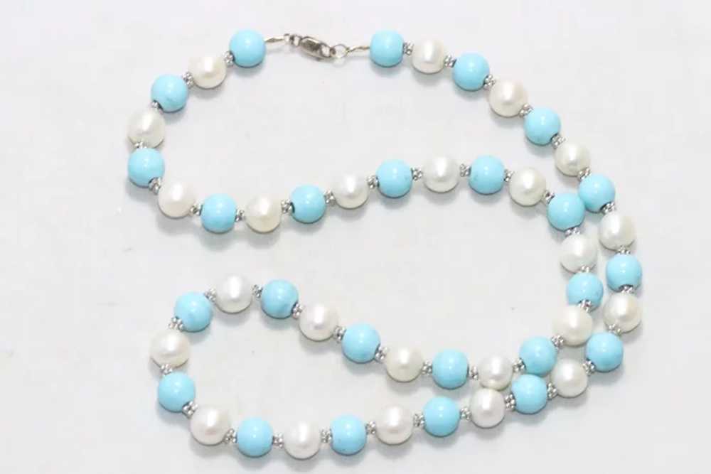 14KT White Gold Freshwater Pearl Turquoise Paste … - image 2