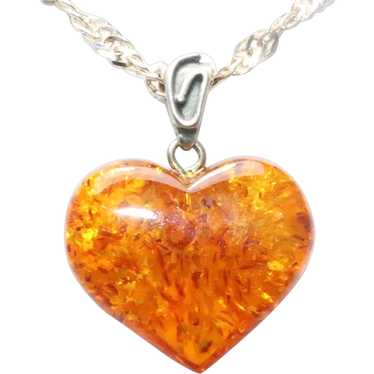 Vintage Sterling Silver Amber Heart Necklace - image 1