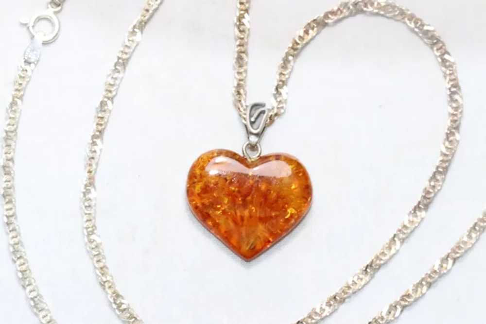 Vintage Sterling Silver Amber Heart Necklace - image 2