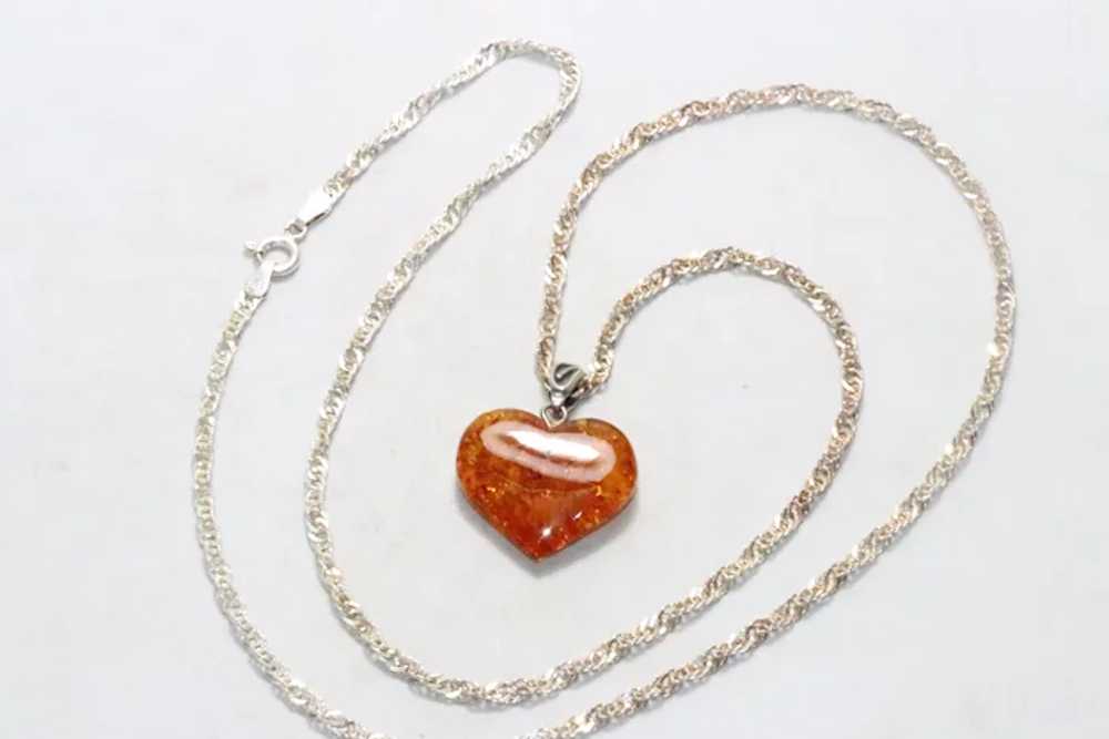 Vintage Sterling Silver Amber Heart Necklace - image 3