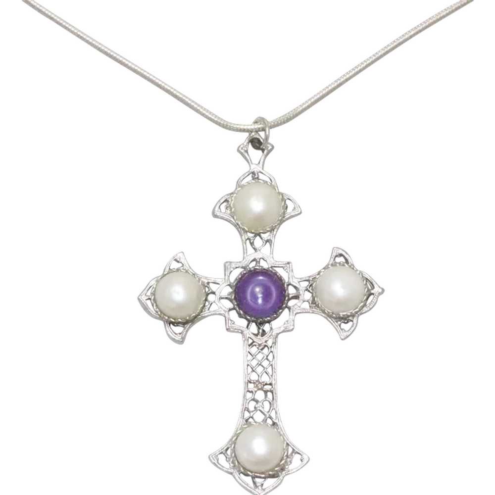 Vintage Sarah Coventry Pearl Cross Pendant Neckla… - image 1