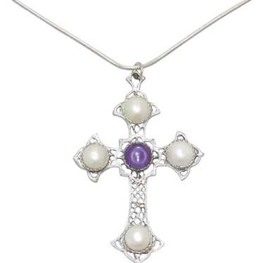 Vintage Sarah Coventry Pearl Cross Pendant Neckla… - image 1