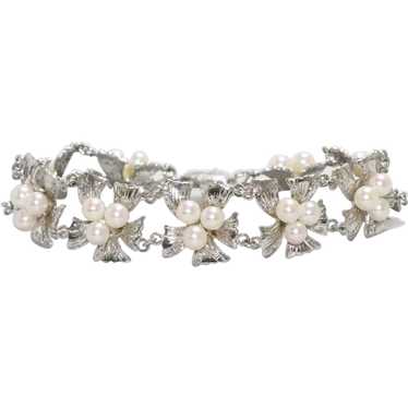 Vintage Sterling Silver Floral Pearl Bracelet - image 1