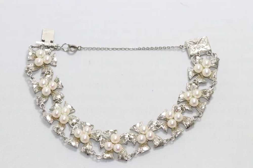 Vintage Sterling Silver Floral Pearl Bracelet - image 2