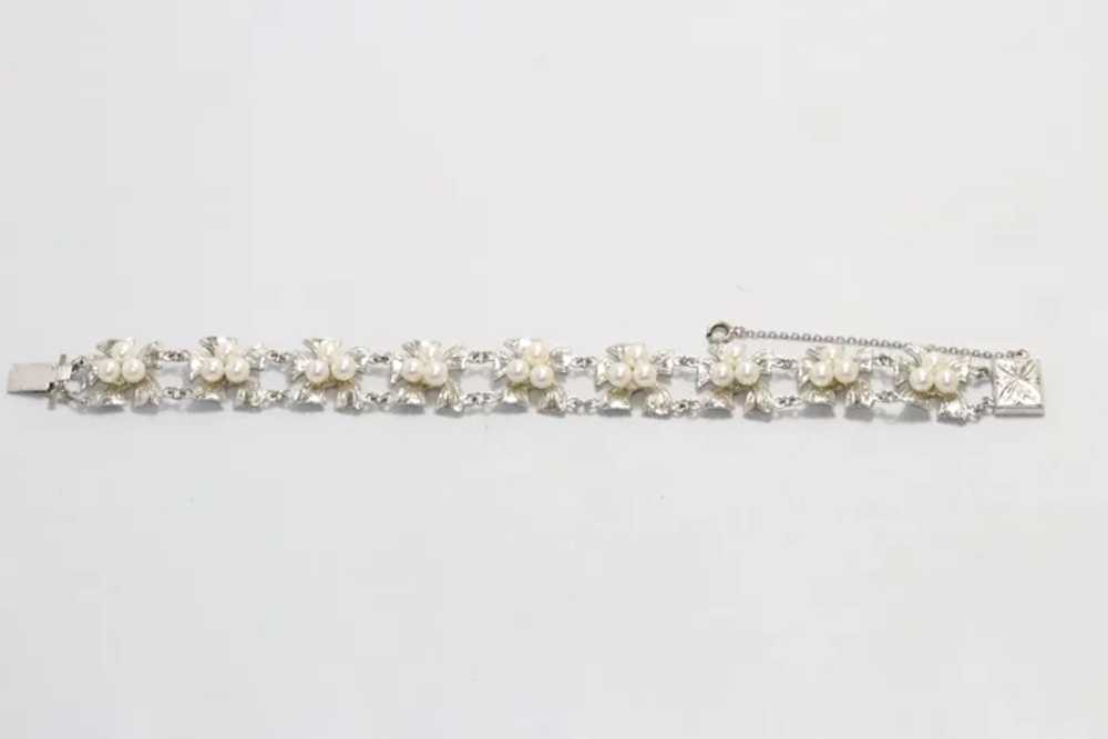 Vintage Sterling Silver Floral Pearl Bracelet - image 3