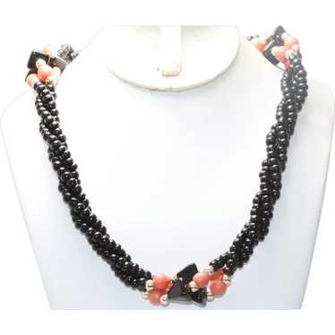 Vintage Black Onyx Coral Twisted Beaded Necklace - image 1