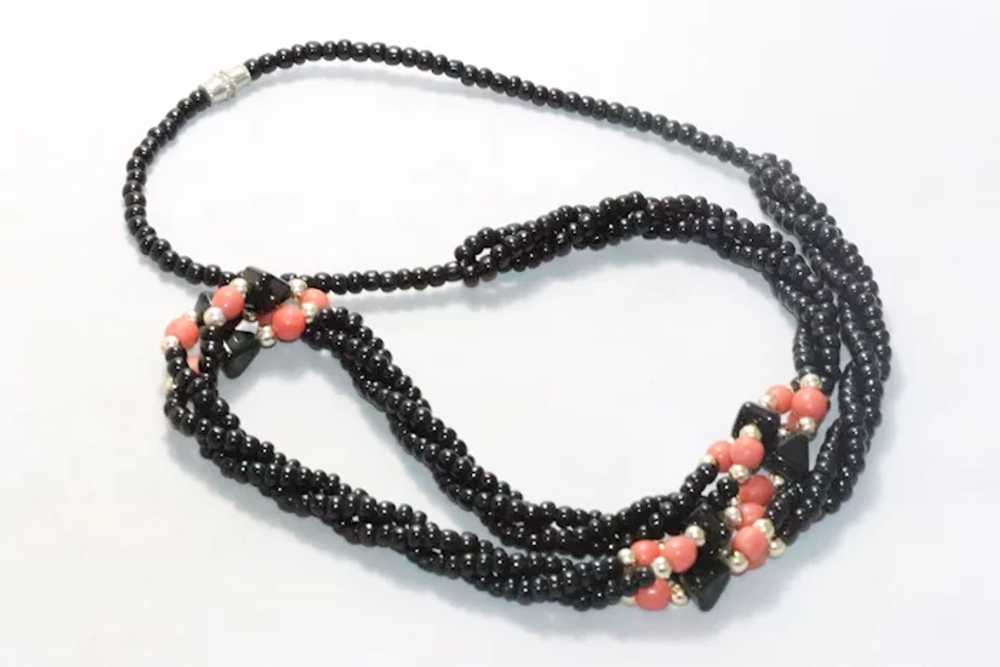 Vintage Black Onyx Coral Twisted Beaded Necklace - image 2