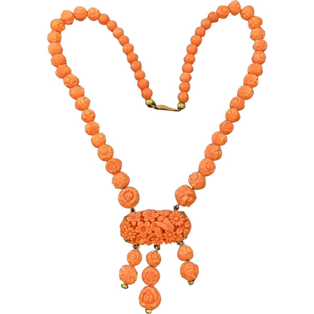Gorgeous Celluloid & Coral Dangle Necklace - image 1