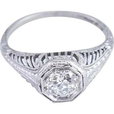 Original Filigree Solitaire Diamond Ring set in P… - image 1