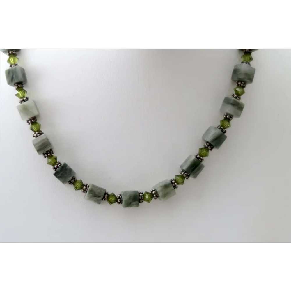 Vintage Jade & Crystal Bead Necklace With Sterlin… - image 2