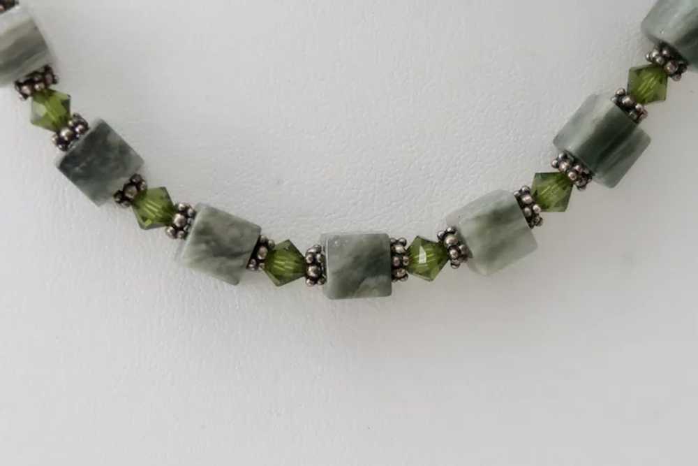 Vintage Jade & Crystal Bead Necklace With Sterlin… - image 3