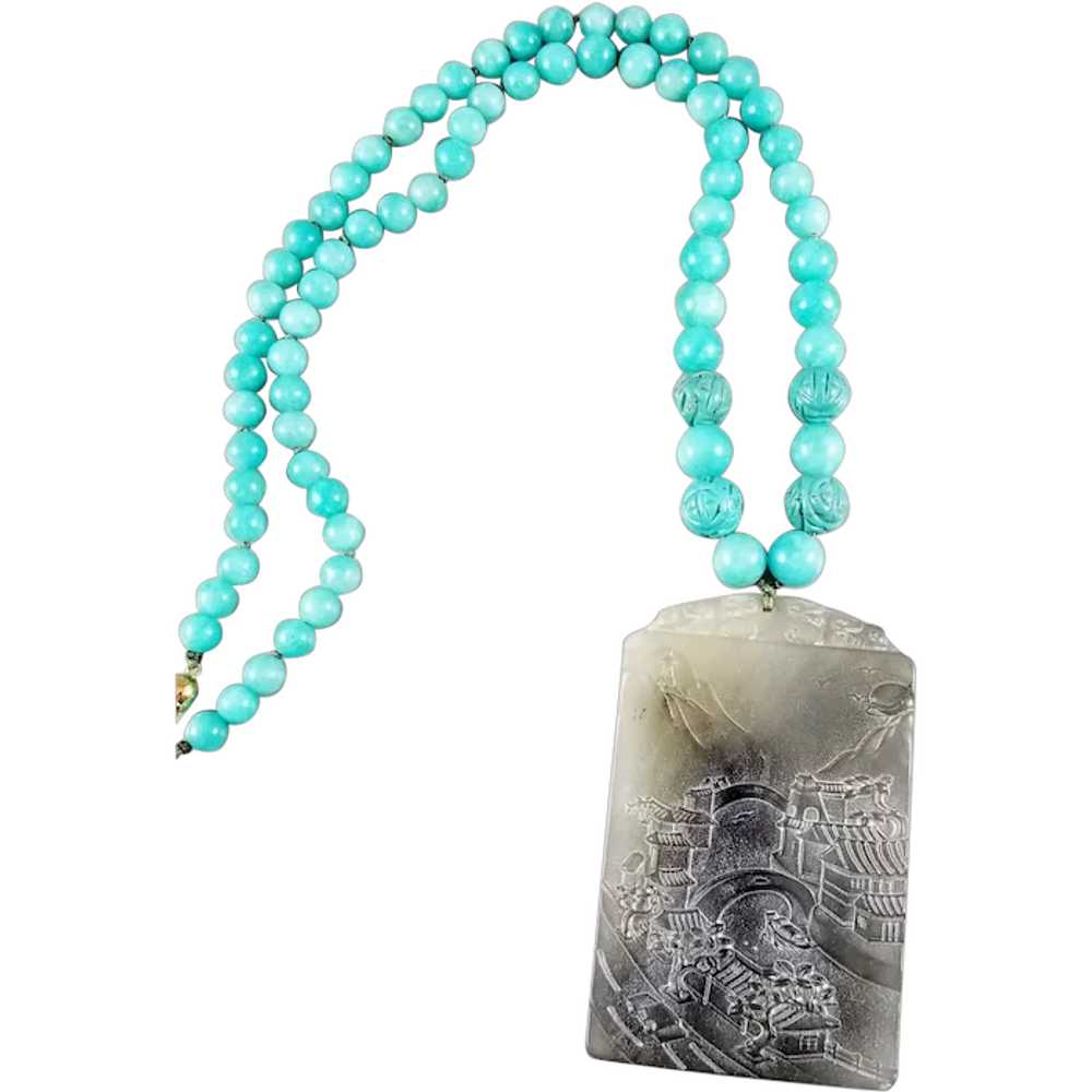 14K Carved Serpentine Pendant with Amazonite and … - image 1