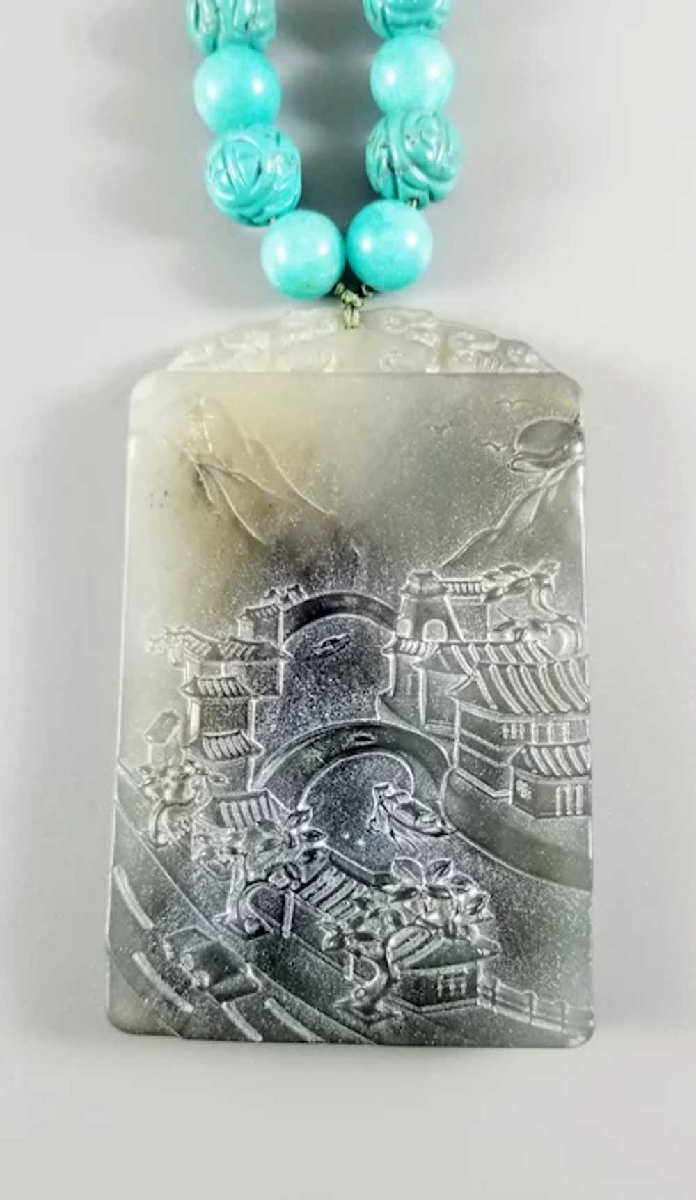 14K Carved Serpentine Pendant with Amazonite and … - image 2
