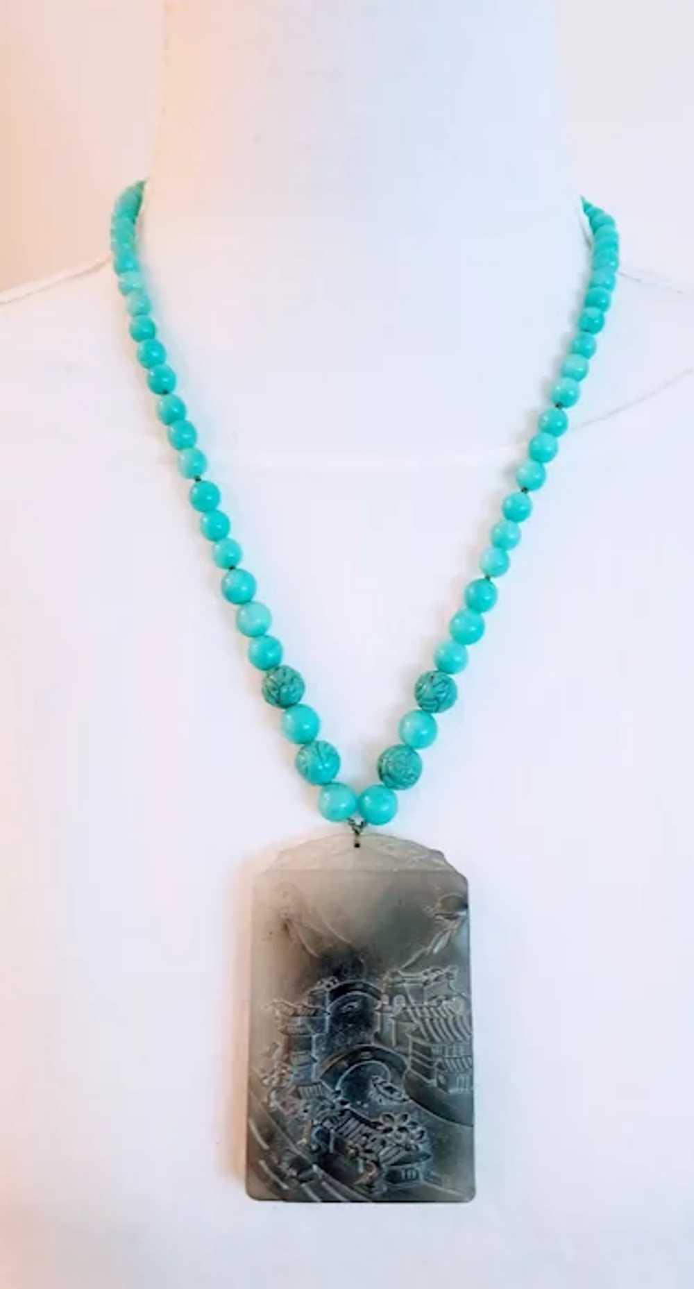 14K Carved Serpentine Pendant with Amazonite and … - image 5