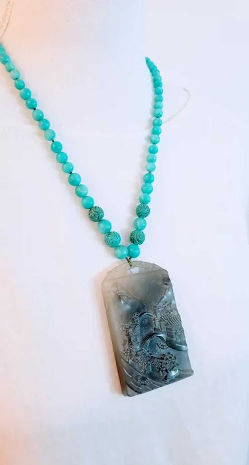 14K Carved Serpentine Pendant with Amazonite and … - image 6