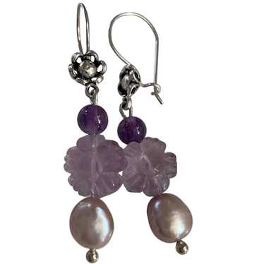 Natural Amethyst, Flourite and Cultured Pearl earr