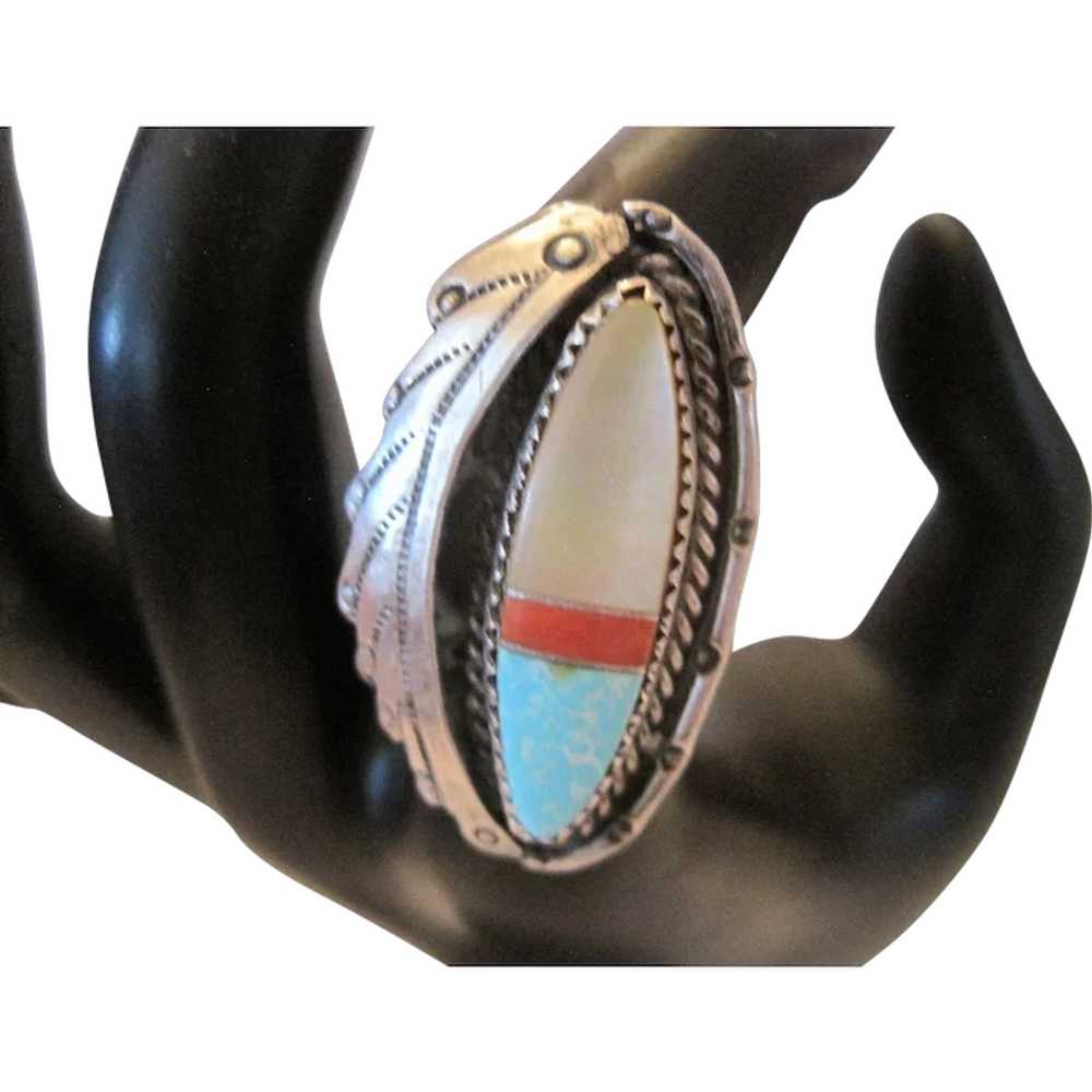 Sterling Native American "JS" Marked Ring - Enlay… - image 1