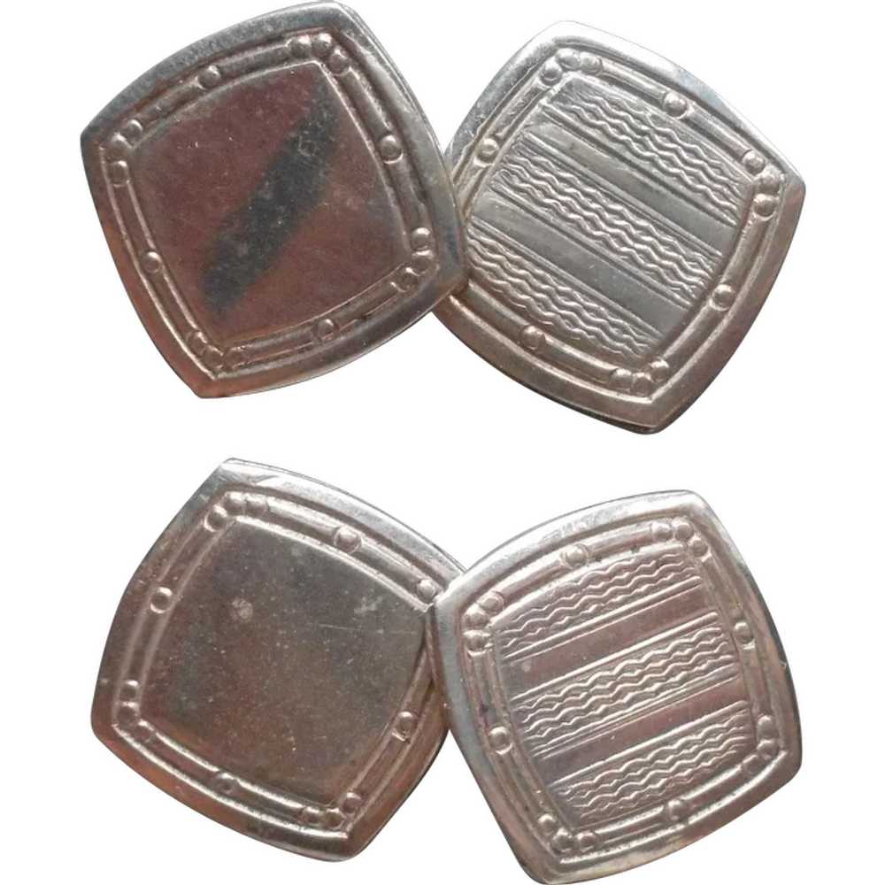 1920s Cufflinks Square Silver Tone Flat Button St… - image 1