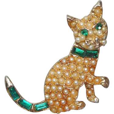 Cat Pin Tiny Faux Seed Pearls Emerald Green Rhine… - image 1