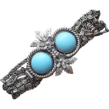 1910s to 1930s Bracelet Turquoise Glass Silver Pl… - image 1