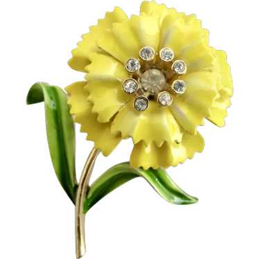 Crown Trifari Yellow Enamel Carnation Flower Pin … - image 1