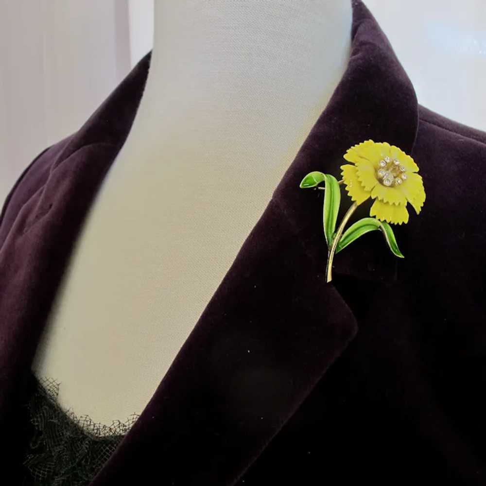 Crown Trifari Yellow Enamel Carnation Flower Pin … - image 2
