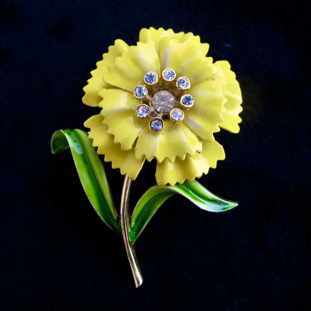 Crown Trifari Yellow Enamel Carnation Flower Pin … - image 4