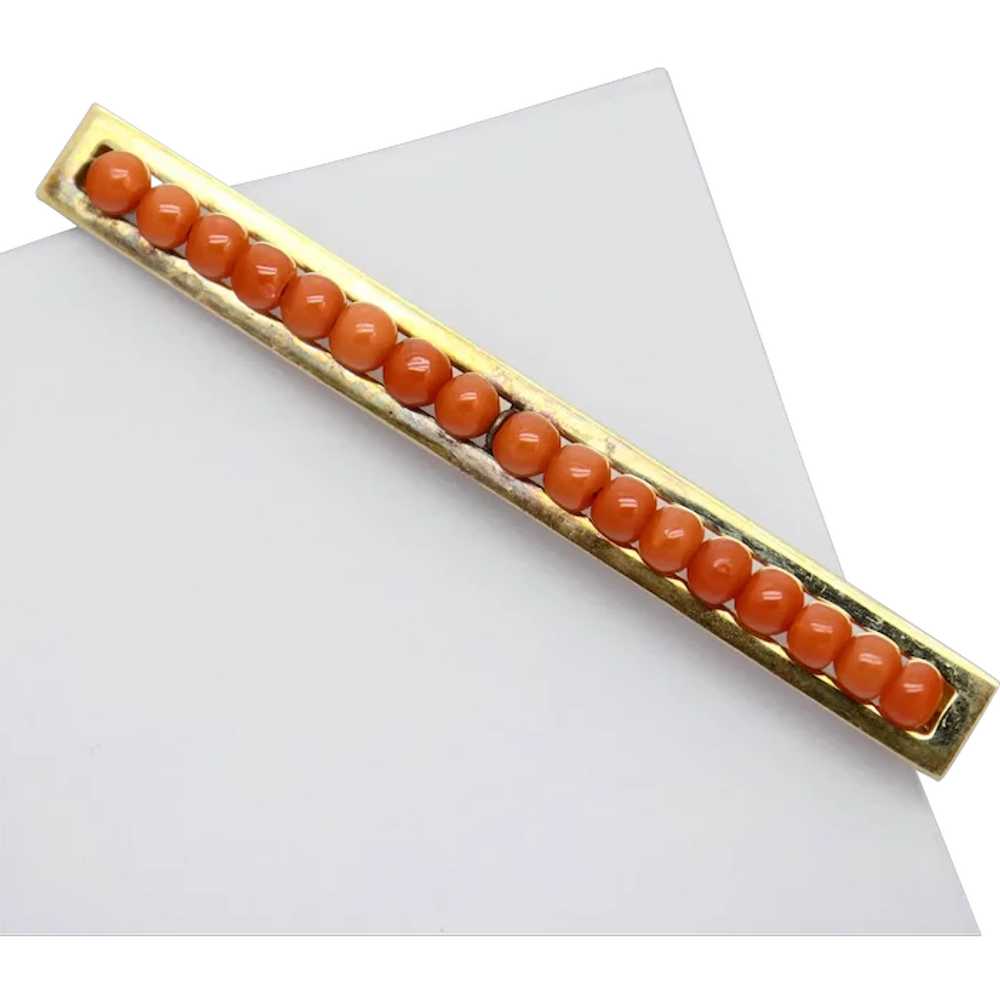 Precious Orange-Red Coral 14K Gold Bar Pin - image 1
