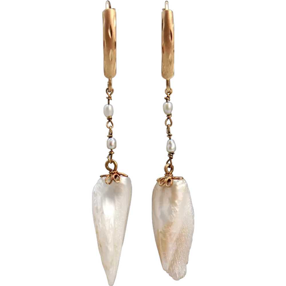 Natural American River Pearl 14K Gold Wing Earrin… - image 1
