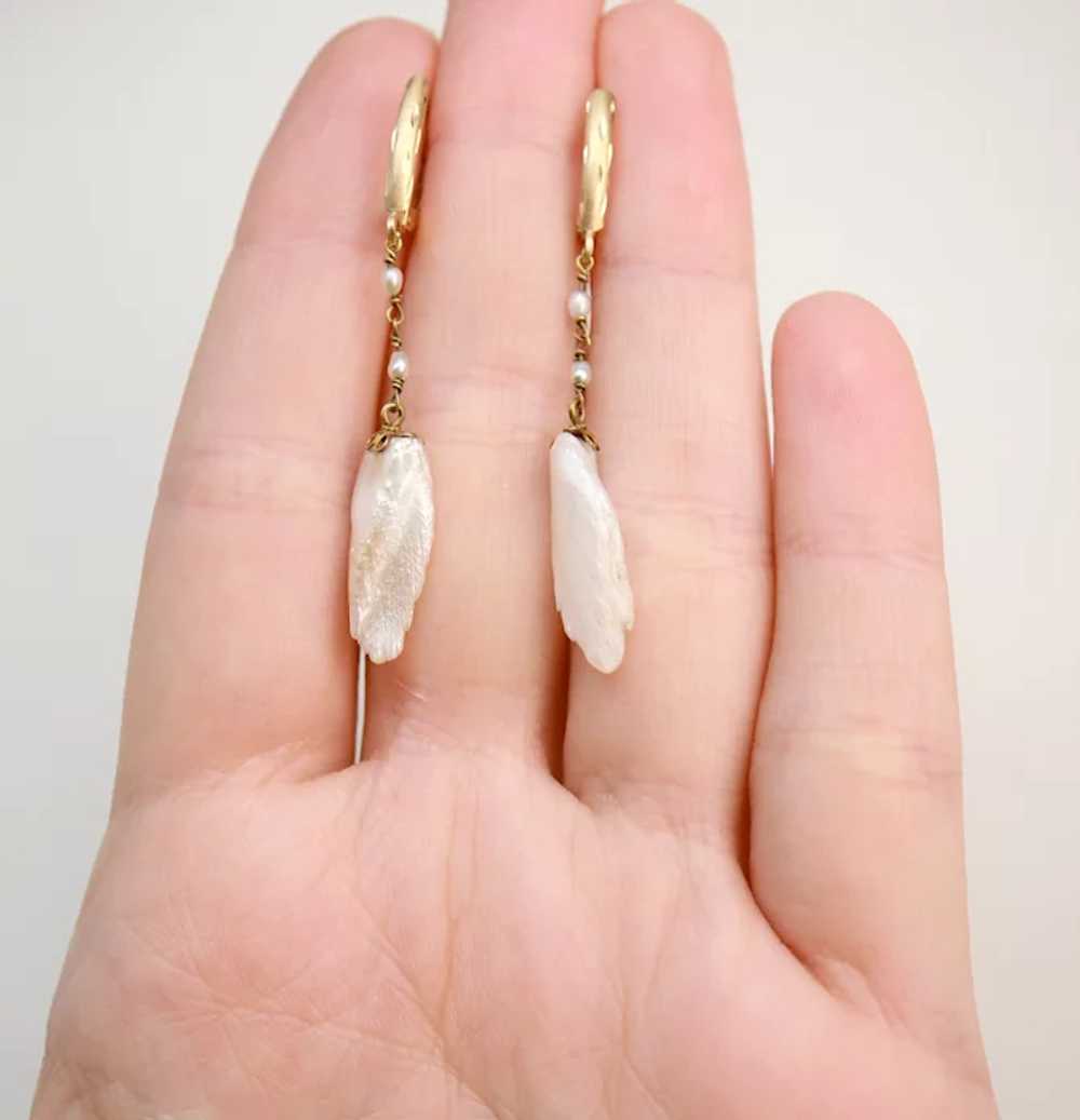 Natural American River Pearl 14K Gold Wing Earrin… - image 2