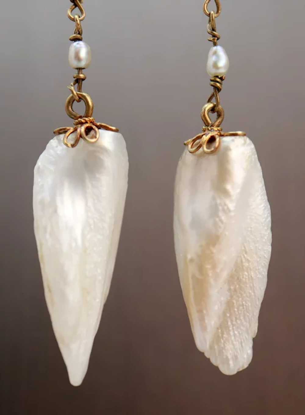 Natural American River Pearl 14K Gold Wing Earrin… - image 3