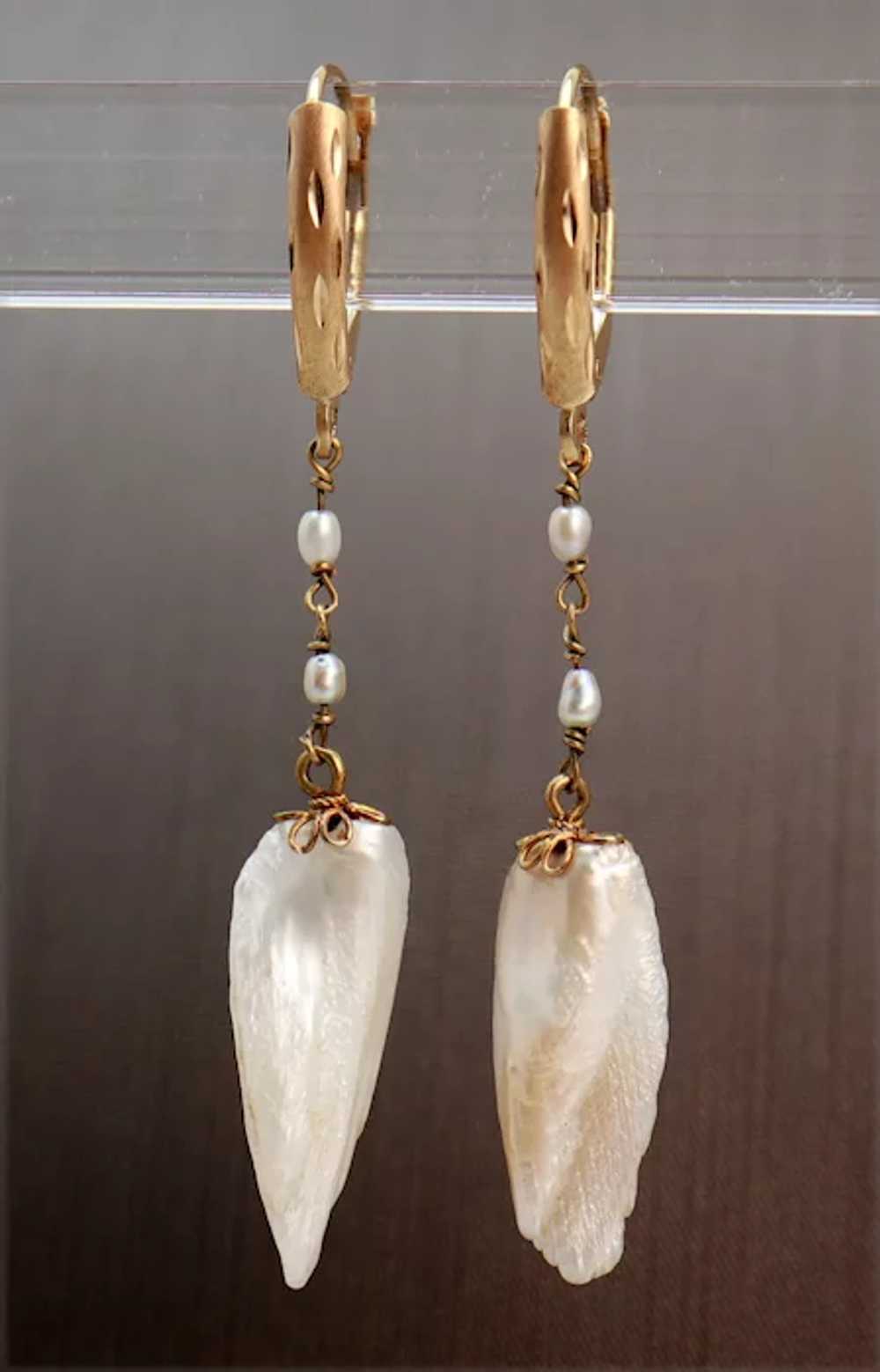 Natural American River Pearl 14K Gold Wing Earrin… - image 4