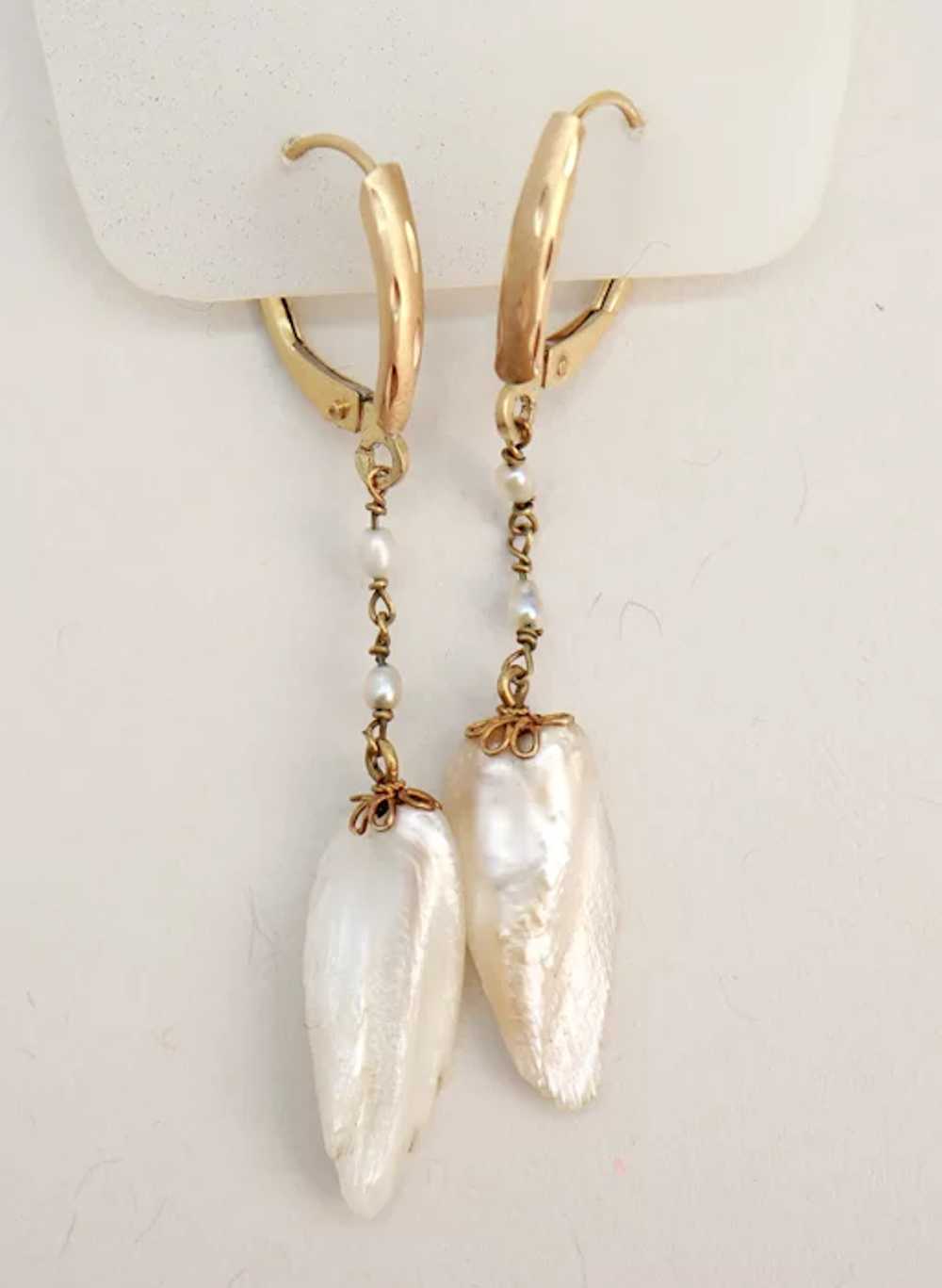 Natural American River Pearl 14K Gold Wing Earrin… - image 5